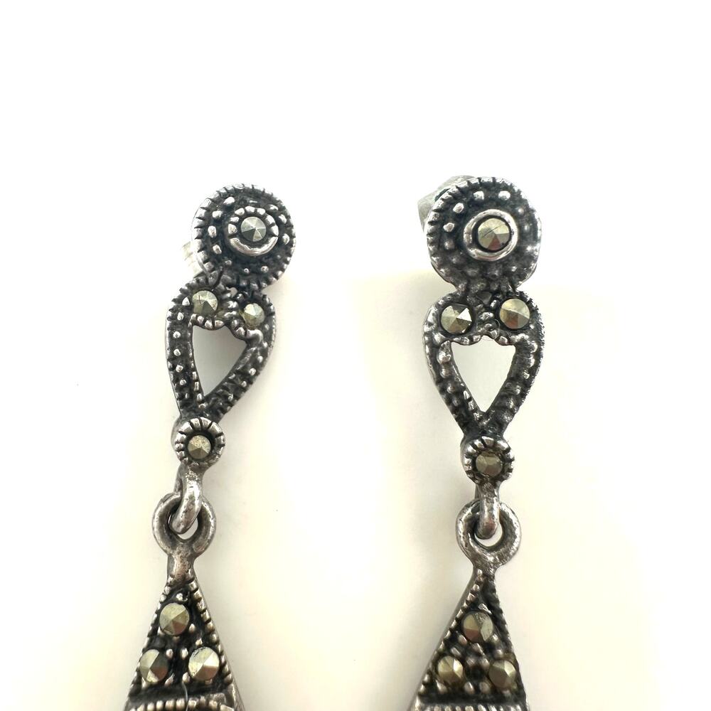 Art Deco Revival sterling silver genuine black onyx marcasite post drop earrings - Picture 2 of 10